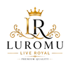 A luxury brand logo featuring a gold crown above an ornate black and gold monogram 'LR' with decorative flourishes, the text 'LUOMU', and 'LIVE ROYAL PREMIUM QUALITY' on a plain white background.